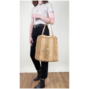 Vintage 70s Handmade Raffia Woven Rattan Tote Bag Shoulder Purse Boho Coastal